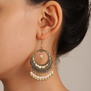 Boho Gypsy Crescent Hoop Dangle Earrings Gold Faux Pearl Fringe Cha Cha Textured